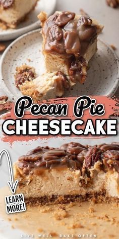 pecan pie cheesecake is cut in half and served on a plate