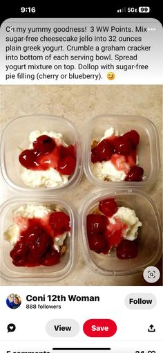 four plastic containers filled with food on top of a counter next to an instagram page