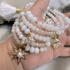 Beautiful Brand New, Wired Crystals Beaded Bracelets. White Crystal Bracelet With Faceted Beads For Party, White Stretch Bracelet With Faceted Beads For Party, Businesses Ideas, Custom Charm Bracelet, Diy Jewlery, Gems Bracelet, Charms Bracelets, Beaded Jewelry Tutorials, Custom Charms