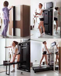 the woman is standing on a treadmill in front of a mirror and looking at her reflection