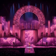 the stage is set for a show with people standing on it and clouds in the background