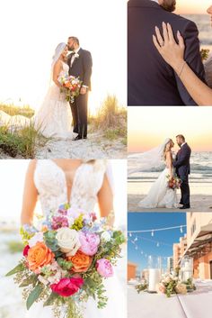 the bride and groom are posing for pictures on the beach