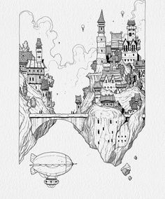 an ink drawing of a castle on top of a mountain with a bridge over it