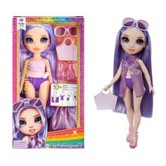 a doll with purple hair and sunglasses in front of a rainbow box for the dolls