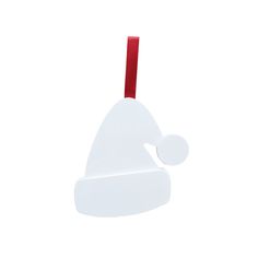 a white christmas ornament with a red ribbon hanging from it's side