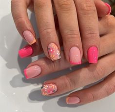 Spring Flower Nails 2024, Hot Summer Nails Short, Pink And Yellow Flower Nails, Really Short Summer Nails, Colourful Short Nails, Short Holiday Nails Summer, Spring/summer Nails, Nails For London, Biab Nail Ideas