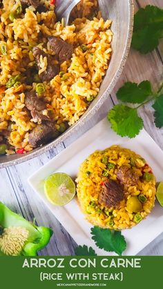 an image of rice with steak and cilantro in a pan on the table