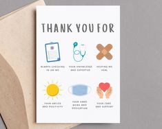 a card with the words thank you for written on it, and images of medical equipment