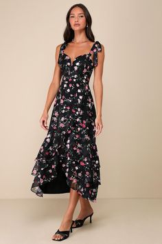 Everyone will be in awe of your charming style when you step onto the scene in the Lulus So Elevated Black Floral Jacquard Tie-Strap High-Low Midi Dress! Airy woven chiffon boasts a vibrant floral print and tonal floral jacquard design as it shapes a princess-seamed bodice, a sweetheart neckline (with a notched detail and a supportive V-bar), and long straps that tie at the shoulders. The high, fitted waist tops a skirt with a faux wrap-style silhouette, tiered ruffled details, and a high-low mi Lulus Cocktail Dress, Black Dress With Sweetheart Neckline For Garden Party, Black Sweetheart Neckline Dress For Garden Party, Party Midi Dress With Adjustable Ruffled Straps, Black Sleeveless Dress With Bow Straps, Black Midi Dress With Tie Straps, Knot Tie Dress, Black And White Floral Dress, Midi Dress Floral