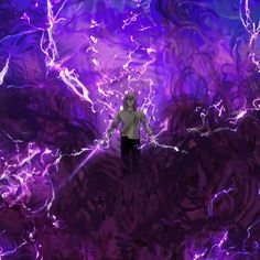 a man standing in the middle of a purple and black background with lightning streaks on it