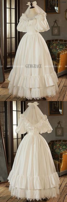 10% off now|Free shipping world-wide. Vintage Princess Style Ivory Satin Lace Baby Collar Wedding Dress Bubble Sleeved at GemGrace. Click to learn our pro custom-made service for wedding dress, formal dress. View #CountryWeddingDresses for more ideas. Lace Ruffled Petticoat For Wedding, Lace Petticoat With Ruffles For Wedding, White Princess Style Lace Wedding Dress, Ruffled Lace Petticoat For Wedding, Elegant Baptism Dress With Lace Collar For Wedding, White Princess Dress With Ruffles, White Princess Victorian Wedding Dress, White Lace Victorian Wedding Dress, Wedding Lace Petticoat With Ruffles