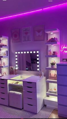 a room with purple lighting and drawers, lights on the wall, and shelves filled with items