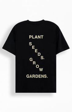 PacSun Exclusive! The Co-Op Purpose T-Shirt from Garden & Seeds is a celebration of community and shared passions. Designed with a classic crew neckline and short sleeves, this tee offers a comfortable regular fit. Featuring custom graphics printed on both the front and back, it embodies the spirit of collaboration and purpose.


	Crew neckline
	Short sleeves
	Regular fit
	Front & back graphics
	Machine washable
Model is wearing size medium
	Model Measurements: 6'0” Height, 36L Suit, 30” Waist, 32” Inseam; Slim Fit Cargo Pants, Dark Summer, Custom Graphics, Jeans Kids, Kids Swimwear, Summer Tee, Slim Fit Pants, Man Swimming, Personal Marketing