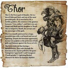 an old parchment paper with the words thor on it and a drawing of a man holding a