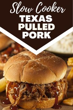 slow cooker texas pulled pork sandwich on a cutting board