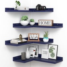 three blue shelves with pictures, books and plants on them