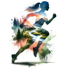 a woman running across a field with trees and watercolor splashes on the background