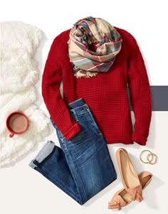 Red Sweater Outfit, Fix Credit, Sweater Outfit, Red Sweater, Looks Chic, Casual Winter Outfits