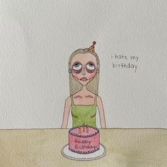 a drawing of a woman sitting in front of a birthday cake