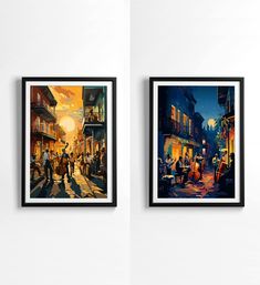 two framed art pieces depicting people walking down the street at night and on the town