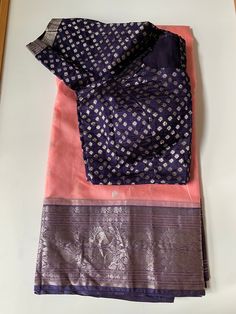 Peach and navy blue handloom chanderi saree with custom blouse. blouse size 38-42 fall, pico done. Comes with petticoat Katan Saree, Saree Party Wear, Chanderi Saree, Kalamkari Saree, Party Wear Saree, Kundan Earrings, Wear Saree, Organza Saree, Party Wear Sarees