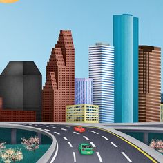 an image of a city with cars driving down the road in front of it and buildings on both sides