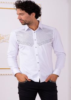 Limited edition- One of a kind Eye-catching studded rhinestone detailed shirt. A modern shirt with an unexpected edge. This white cotton shirt from Mondo is embellished with gold rhinestone. Looking sharp Your style status can’t be messed with, and this shirt from Mondo makes that clear. Adorned with gold-tone rhinestones, this piece will toughen up any casual look A new and versatile wardrobe staple, great for under the blazer for dinner, party and special occasion night A tailored, modern cut Luxury White Party Tops, Luxury White Embroidered Bandhgala, White Long Sleeve Tops With Rhinestones, Fitted Off White Bandhgala With Cutdana Detailing, Luxury Intricate Embroidered Off-white Bandhgala, White Embellished Long Sleeve Shirt, White Long Sleeve Embellished Shirt, Luxury White Mandarin Collar Bandhgala, White Semi-stitched Embroidered Bandhgala