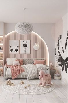 a bedroom with pink and white decor in the corner, an animal rug is on the floor