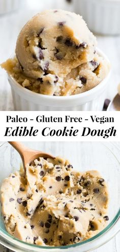 a bowl filled with ice cream and chocolate chip cookie dough on top of a white table