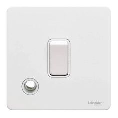 a white light switch on a white wall with the word schlender above it