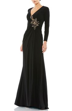 Mac Duggal Embellished Long Sleeve Jersey Gown | Nordstrom Evening Gowns Elegant 2024, Sleek Gown, Slavic Style, Bodice Applique, A Line Evening Dress, Formal Evening Dress, Long Sleeve Gown, Beaded Bodice, Evening Formal