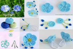 crocheted flowers are shown in blue and white colors, including one with a flower on it