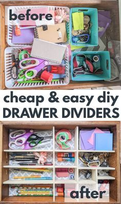 an open drawer filled with crafting supplies and the words cheap & easy diy drawer dividers