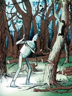 an illustration of a robot standing next to a tree trunk in the middle of a forest