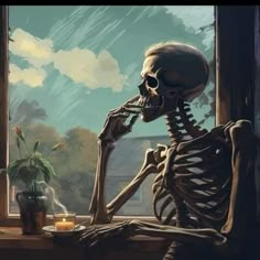 a skeleton sitting in front of a window