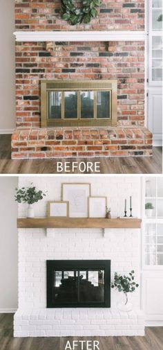 before and after pictures of a brick fireplace in a living room with white walls, wood floors