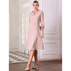 Keep your look professional and stylish in this dress from Hobemty, featuring a V neck, 3/4 sleeve, flare hem, A-Line, and midi length. Pair with high heels for an elegant office look. Focused on Ladies' Formal Wear - This dress can be a perfect addition to almost any outfit from formal to daily wear, It is great for work, meetings, office, businesses, work, party, cocktail, wedding, casual, daily dressing, etc. Elegant Workwear Dress, 3/4 Length, Feminine Formal Dress With 3/4 Sleeves, Feminine 3/4 Sleeve Formal Dresses, Elegant 3/4 Length Workwear Dresses, Elegant 3/4 Length Work Dress, Elegant 3/4 Length Dress For Work, Elegant Half-sleeve Midi Dress For Office, Elegant Spring Midi Dress With 3/4 Sleeves, Elegant Half Sleeve Midi Dress For Office