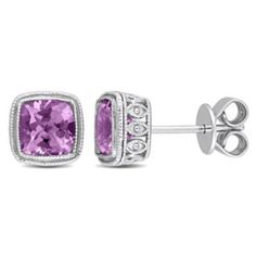 Beautiful and timeless, these Amethyst Solitaire Vintage Stud Earrings. Crafted in lustrous sterling silver, they feature two cushion-cut, bezel-set amethyst gemstones (6 x 6mm) studded beautifully in a double basket motif in vintage style. Enhanced with a high polish finish, these fabulous stud earrings are the perfect addition to any jewelry collection. These trendsetting earrings are secured with butterfly closures. Pair these earrings with its matching pendant and complete your look. | Belk Vintage Stud Earrings, Amethyst Studs, Helzberg Diamonds, Birthstone Gifts, February Birthstone, Amethyst Earrings, February Birth Stone, Fine Jewellery Earrings, Earrings Sterling Silver