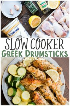 the cover of slow cooker greek drumsticks with lemon slices and cucumbers