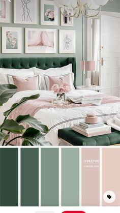 a bedroom with pink, green and white colors on the walls is featured in this color scheme