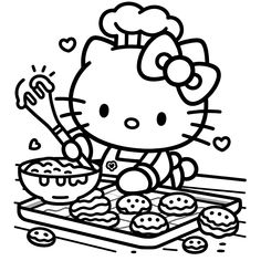 hello kitty is cooking some food on the grill coloring pages for kids to print and color