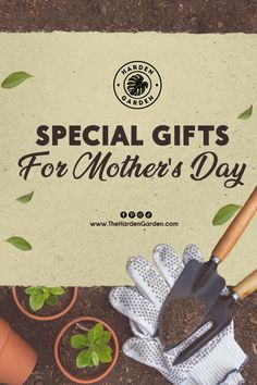 gardening tools and potted plants with the words special gifts for mother's day