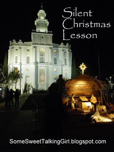 people standing in front of a church at night with the words silent christmas lesson on it