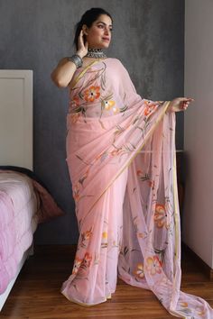 Top offer of the season! Hand painted chiffon saree with zari border. Floral design chiffon saree with unstitched blouse. Stitching facility available. free shipping, now at an exclusive price of $55.00 #LightGreenChiffon #YellowChiffonSaree #HandPaintedSaree #PastelShadesSaree #ChiffonFloralSaree #PinkChiffonSaree #ChiffonSaree #PinkFloralChiffon #FloralPastelSaree Jorjet Saree, Hand Painted Organza, Saree With Belt, Cotton Lehenga, Blouse Stitching, Floral Saree, Painted Fabric