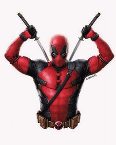 a deadpool character with two swords in his hands and one hand on his head