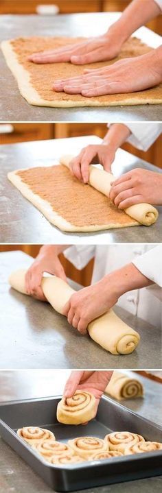 the process of making pretzel rolls is shown in three different stages, including rolling them on a baking sheet