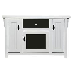 a white tv stand with black doors and drawers on the bottom, in front of a white background