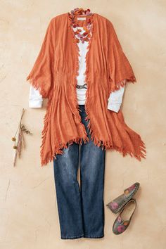 Find natural appeal in this airy topper, lightly textured with long raw-edge fringe all around – for a look that's easy and relaxed. Lightweight style has smocking in back for gentle shape and comfort, with armholes and stitched-down sides. | Women's Fair Winds Topper - Cider Sweater Sale, Coldwater Creek, Bohemian Chic, Raw Edge, Kimonos, Cider, Outerwear Jackets, Smocking, Knit Top