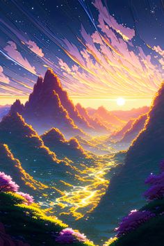 the sun is setting over some mountains with trees and bushes in front of it,