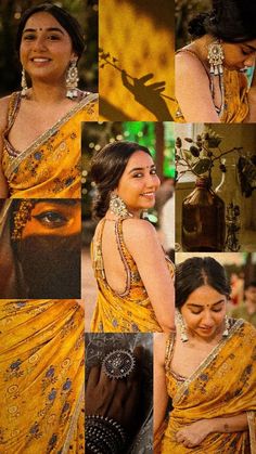 a collage of different images of a woman in yellow sari with jewelry on her neck